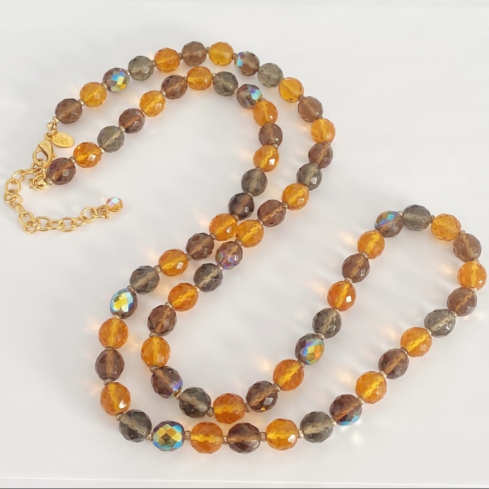 Joan Rivers gold orange brown AB glass bead necklace 32” long